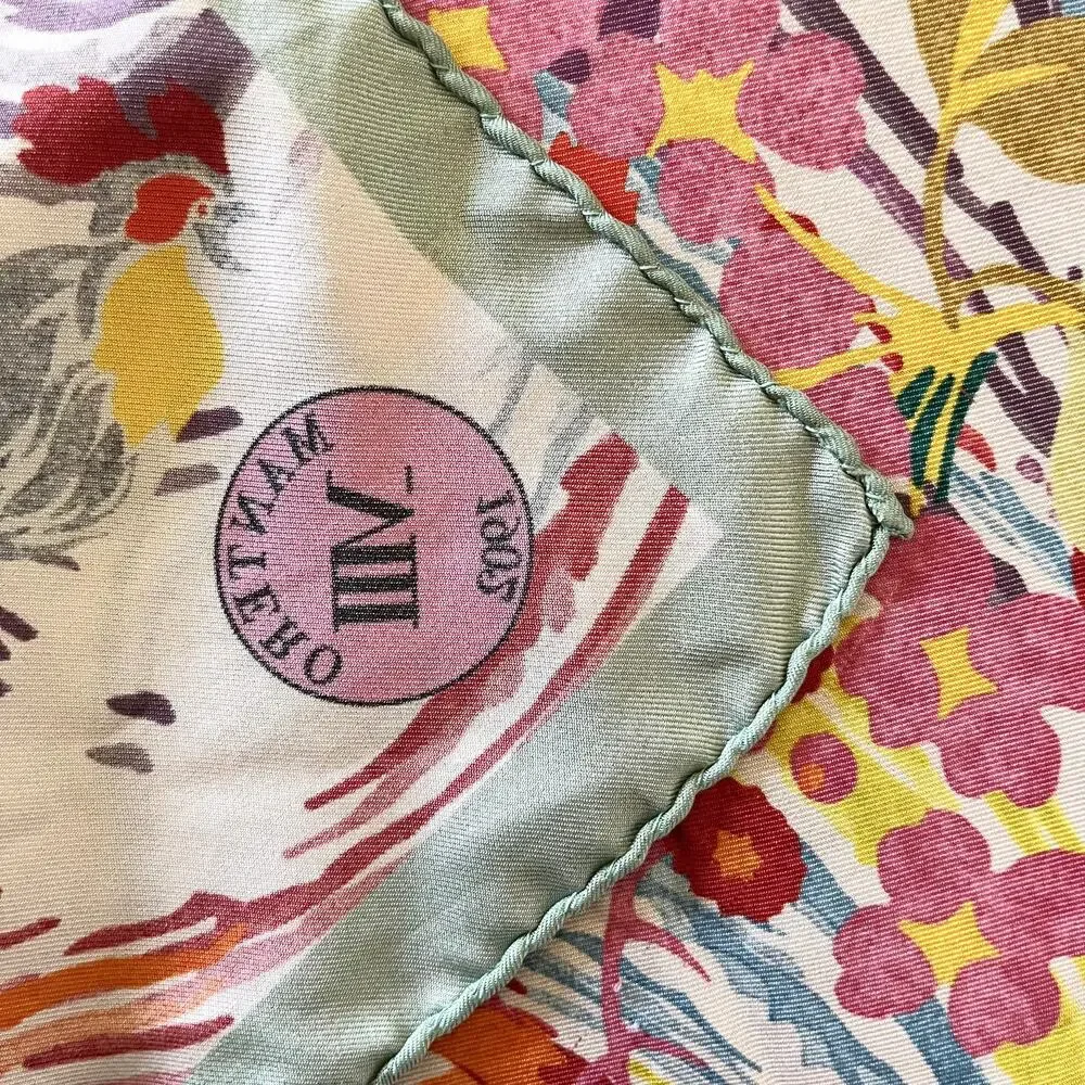 Mantero 1902 Colorful Floral Phoenix Bird Silk Twill Neckerchief Square Scarf